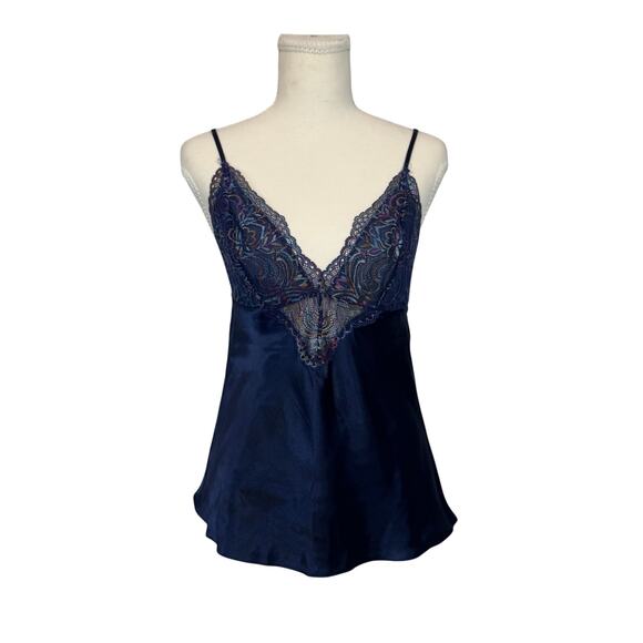 Linea Donatella Tops - Y2K Satin Lace Babydoll Camisole Navy Lingerie Style Coquette Going Out Top Vtg